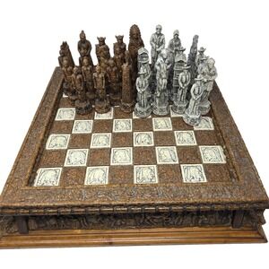Vintage Rare American Style Cowboys & Indians Hand-Carved Wooden Chess Set